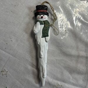 Vintage 8" Snowman Wooden Icicle Christmas Ornament Hand Carved
